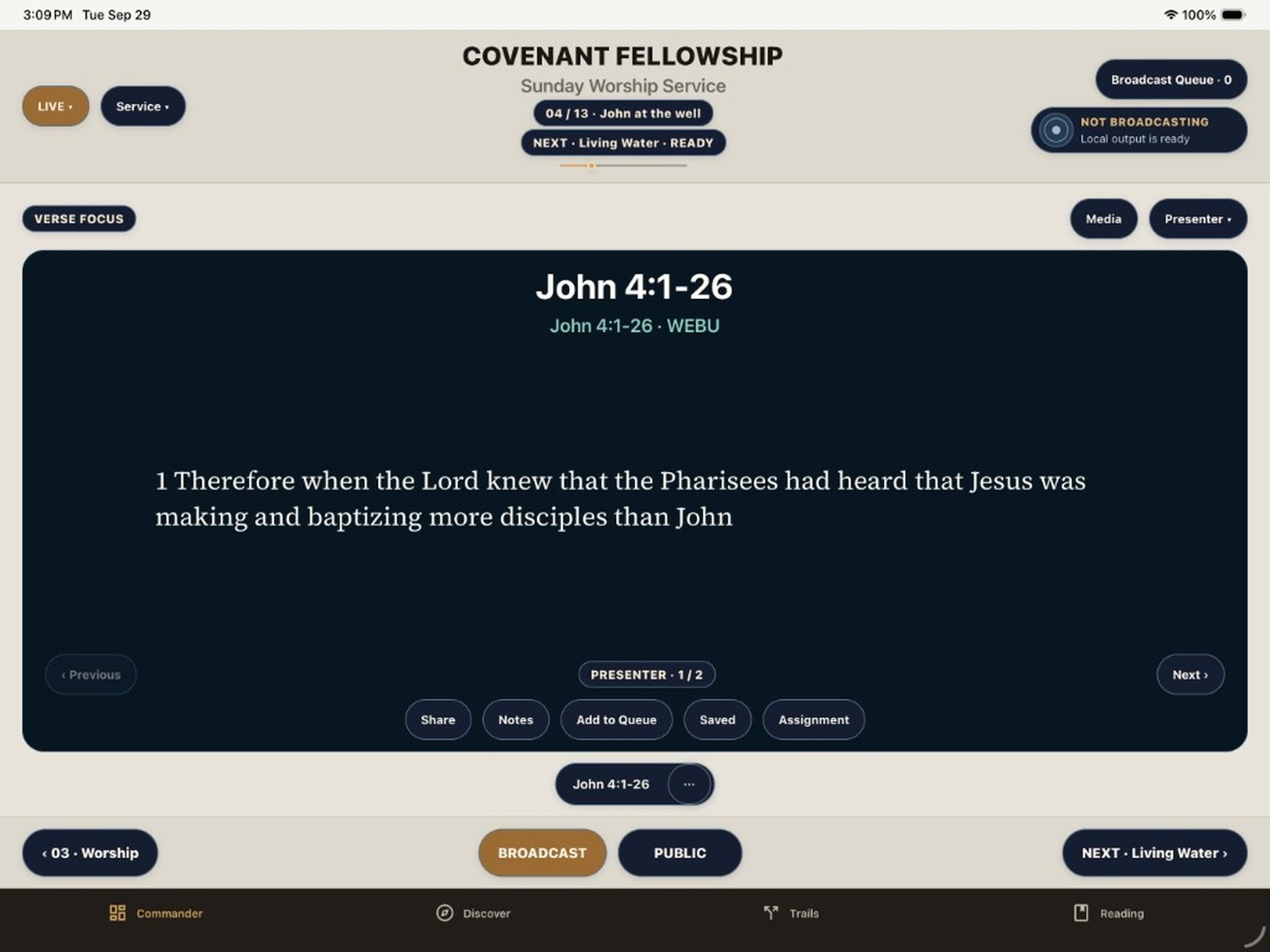 Church Edition showing a Scripture verse focus and live service controls.