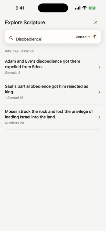 Biblical Lessons search results for Disobedience, showing lessons from Genesis, First Samuel, and Numbers.