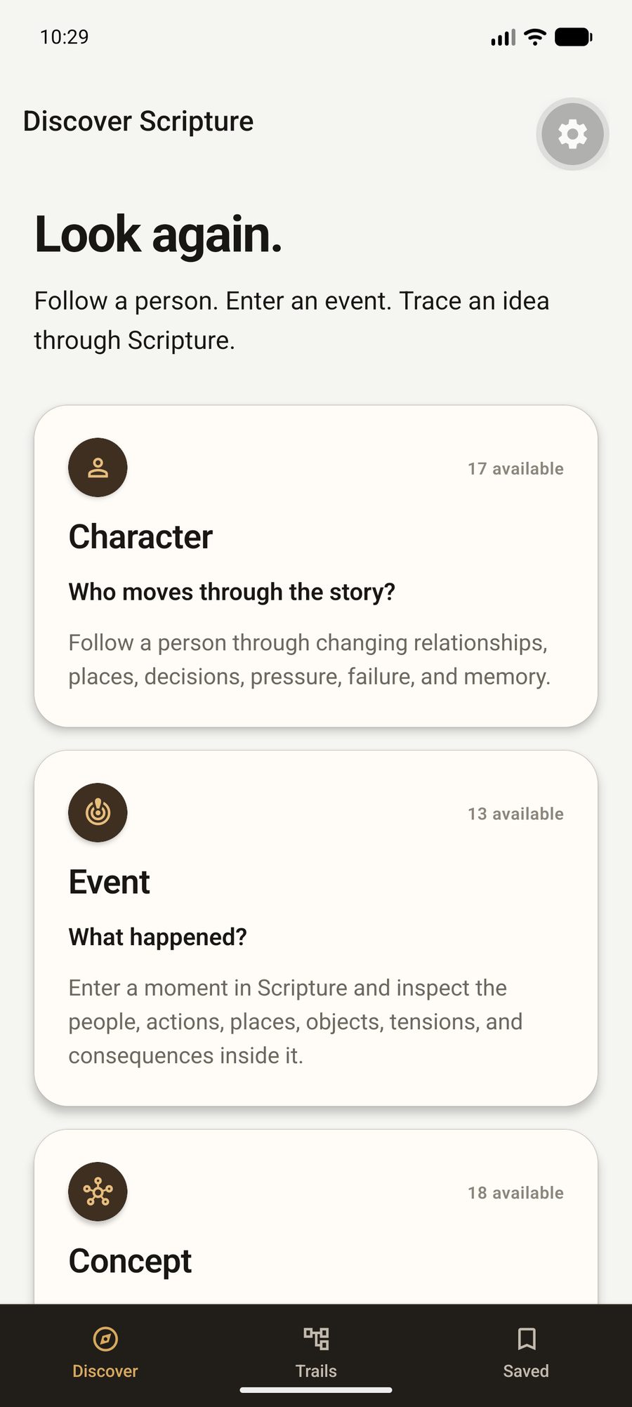Scripture Discovered showing Character, Event, and Concept entry points on iPhone.