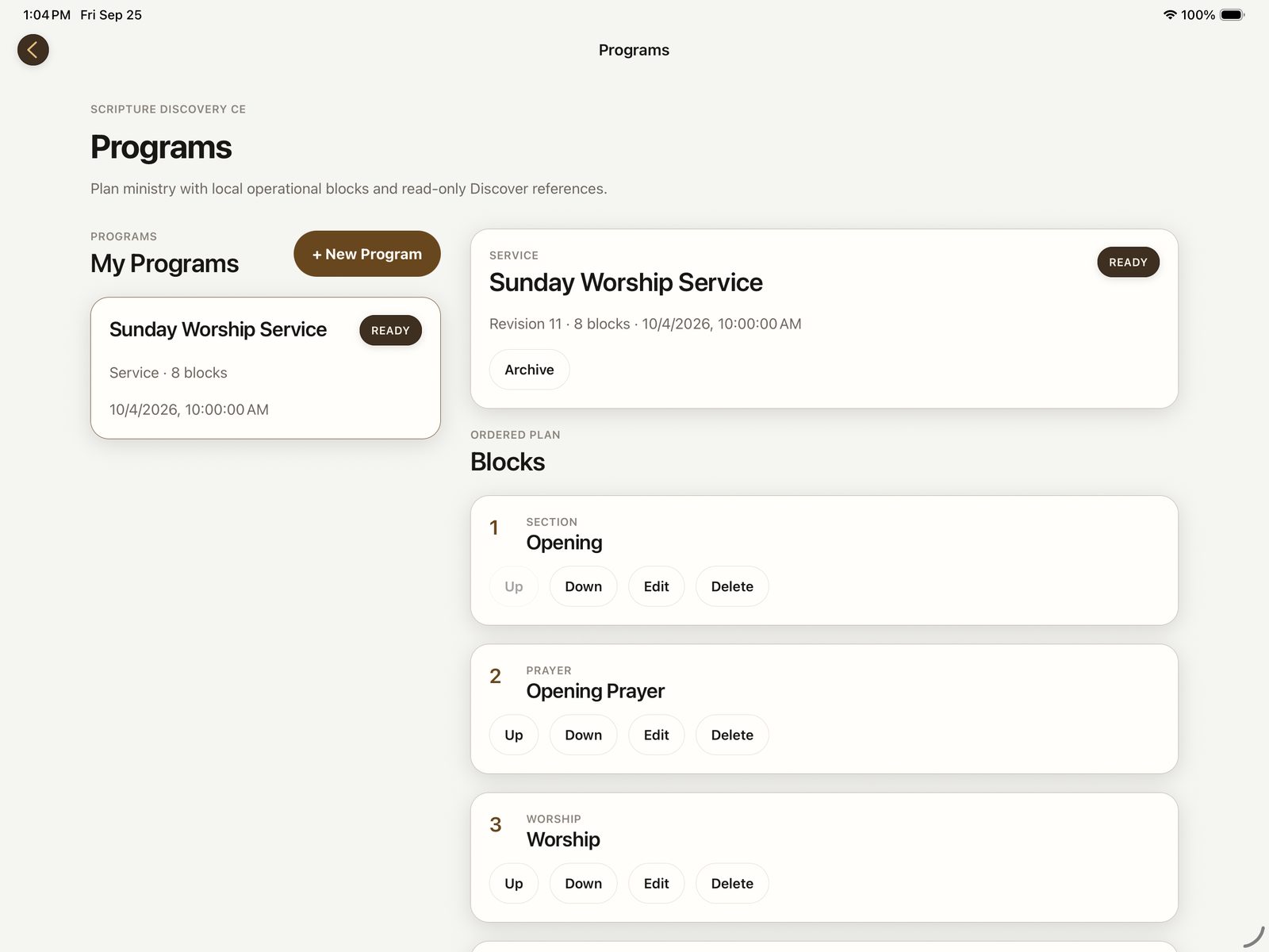 A ministry service program with ordered opening, prayer, and worship blocks.